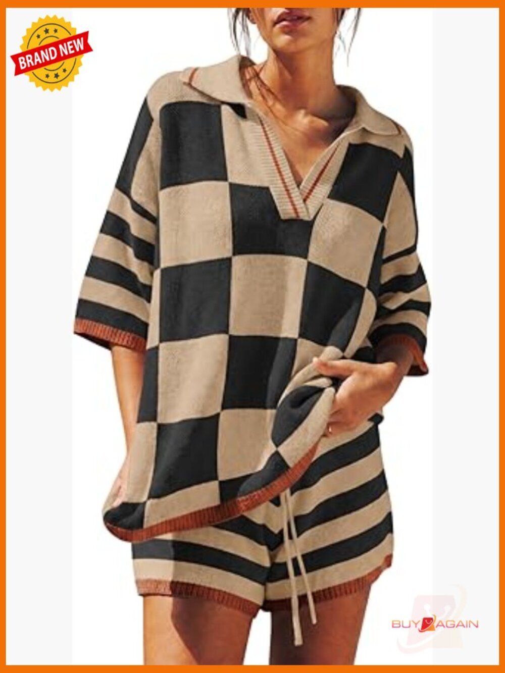 V-Neck Knit Top Shorts Set Color Block Lounge Matching Outfit
